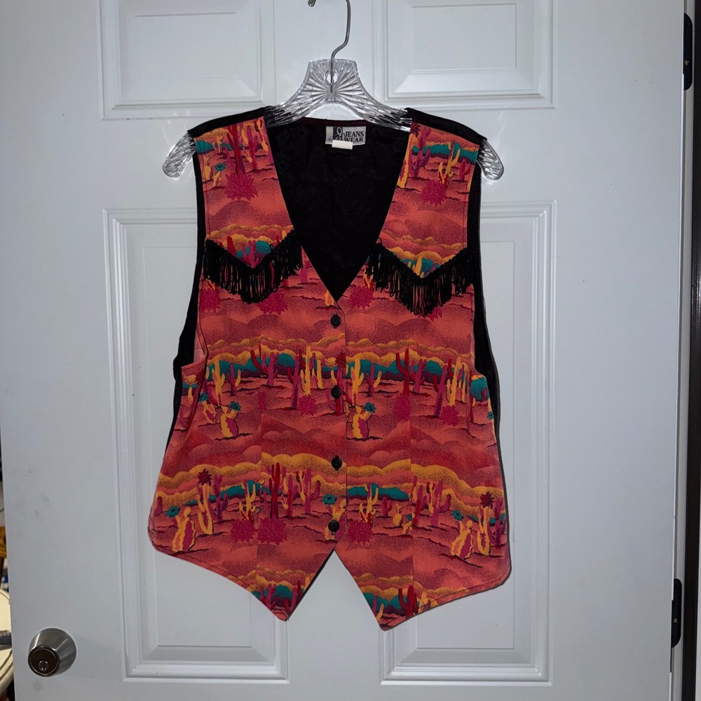 Vintage JW Jeans Wear Southwestern Cactus Print Fringe Vest Orange Pink Large